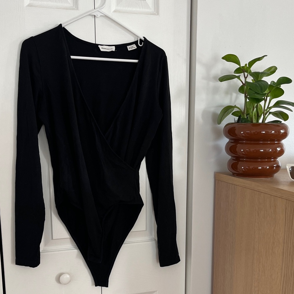 Marcella NYC Elegant Black Wrap Bodysuit